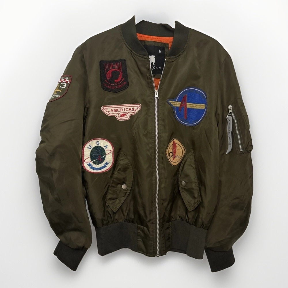 American Stitch Military Bomber Jacket Aviation Patches Ruched Sz M Green Unisex - Picture 1 of 8